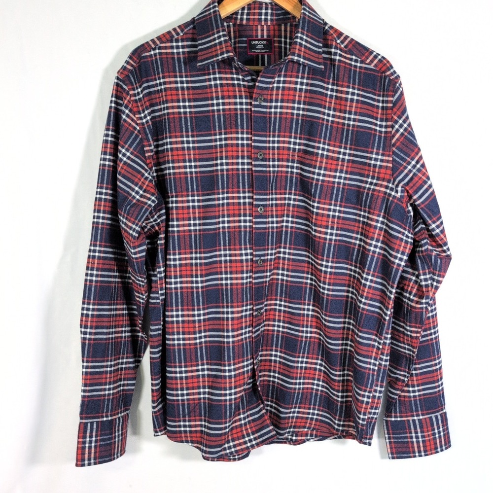 UNTUCKit Shirt Mens L Blue Plaid Flannel Long Sleeve Button Up Relaxed